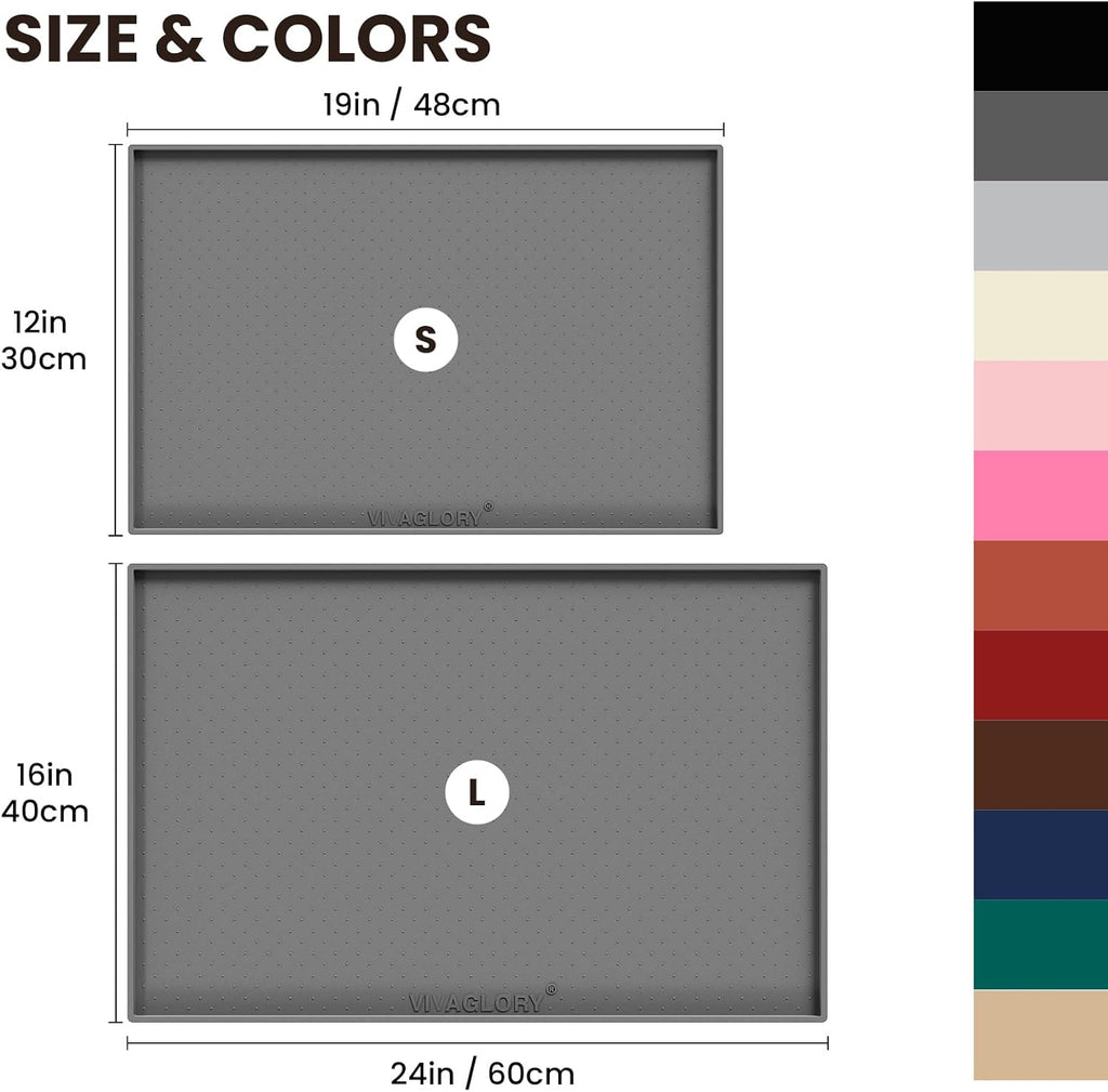 Dog Bowl Mat Grippymat Pet Food Mat, Waterproof Washable Nonslip Silicone for Pet & Cat, Food and Water Placemat with Lip & Raised Edges for Indoor Floor, L, Grey