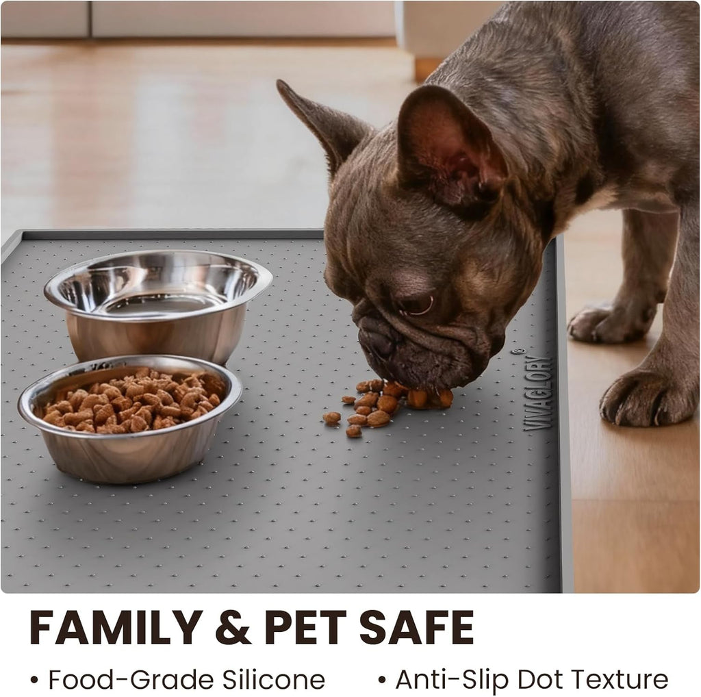 Dog Bowl Mat Grippymat Pet Food Mat, Waterproof Washable Nonslip Silicone for Pet & Cat, Food and Water Placemat with Lip & Raised Edges for Indoor Floor, L, Grey