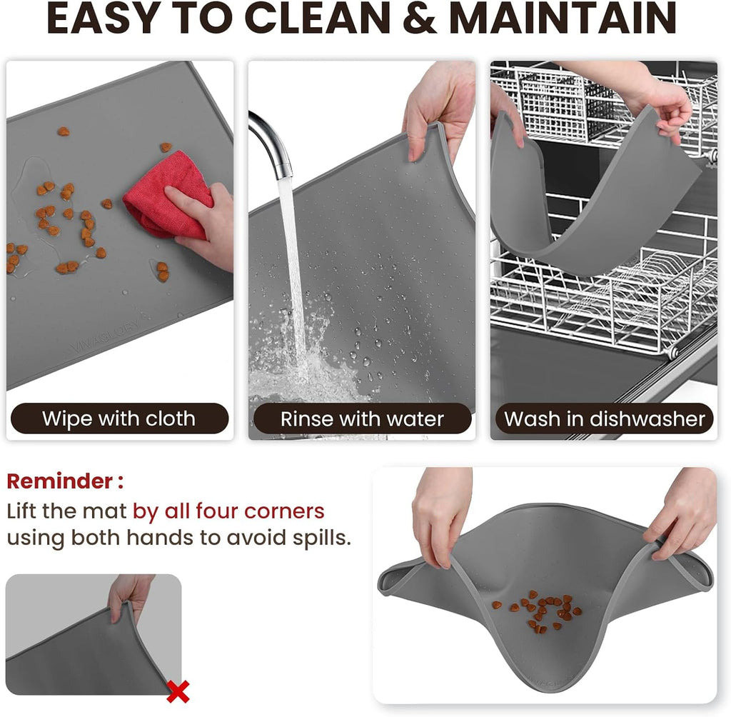 Dog Bowl Mat Grippymat Pet Food Mat, Waterproof Washable Nonslip Silicone for Pet & Cat, Food and Water Placemat with Lip & Raised Edges for Indoor Floor, L, Grey