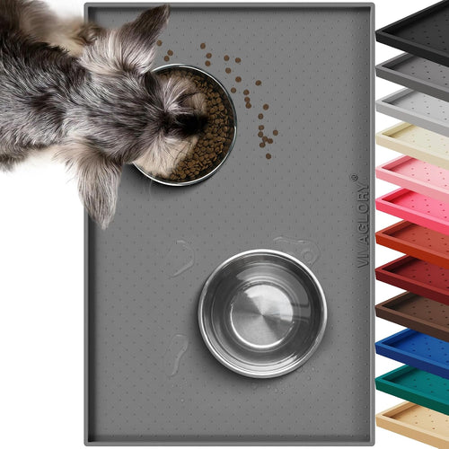 Dog Bowl Mat Grippymat Pet Food Mat, Waterproof Washable Nonslip Silicone for Pet & Cat, Food and Water Placemat with Lip & Raised Edges for Indoor Floor, L, Grey