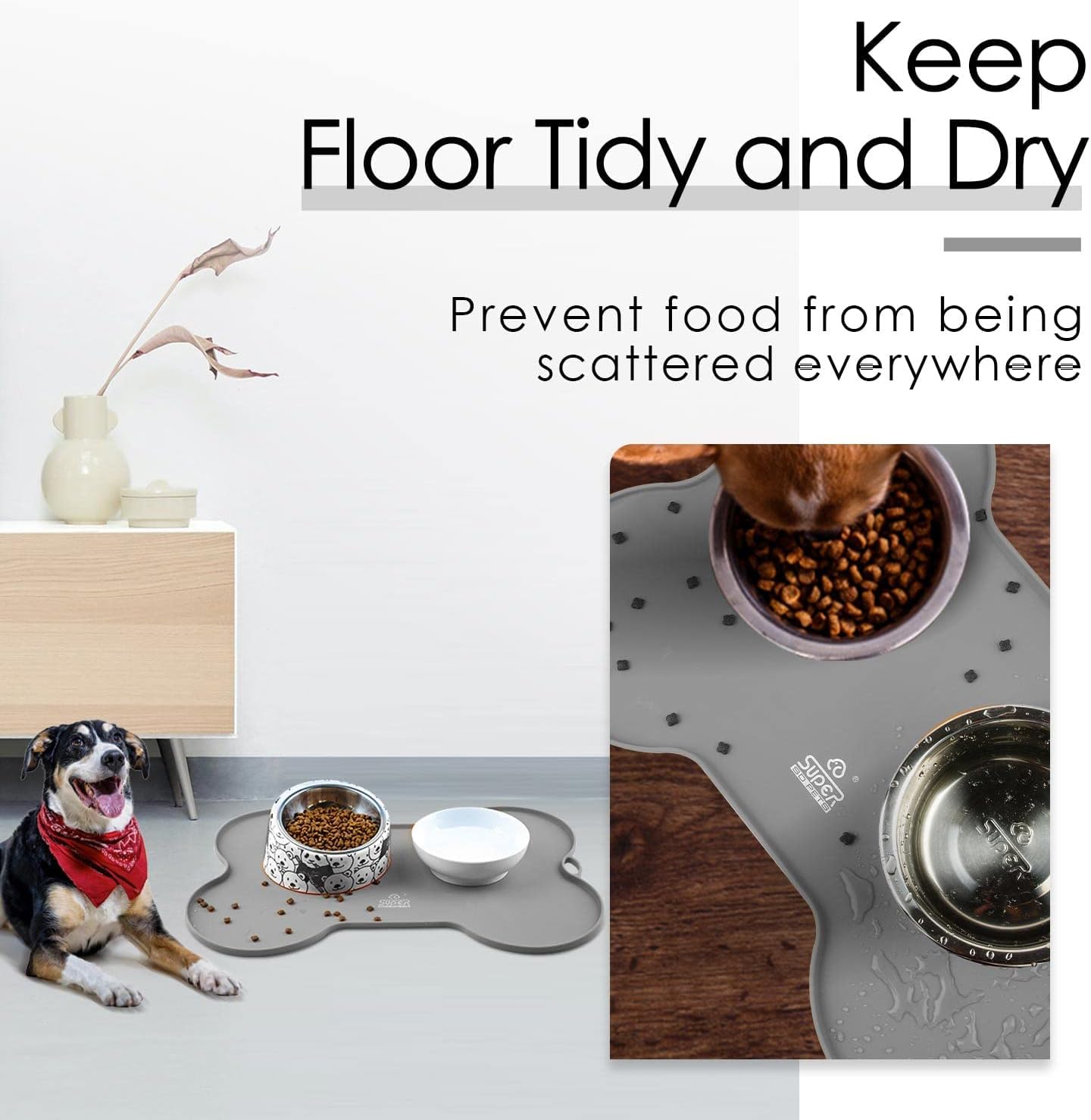 Dog Food Mat Dog Bowl Tray for Food and Water, Silicone Non-Spill Waterproof Pet Feeding Mat Puppy Placemat Easy-Clean, 20.5" X 14.5", Grey